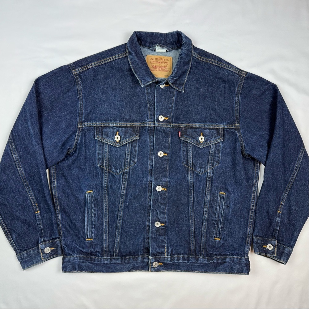 Vtg Levis Mens Trucker Jacket Sz Large Y2K Dark Blue Denim Grunge Relaxed B9